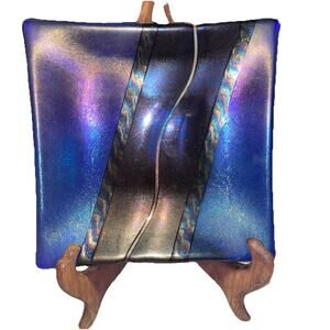 Vintage Chris Paulson 2008 Signed Blue Iridescent Fused Dichroic Glass 9.25” Sq